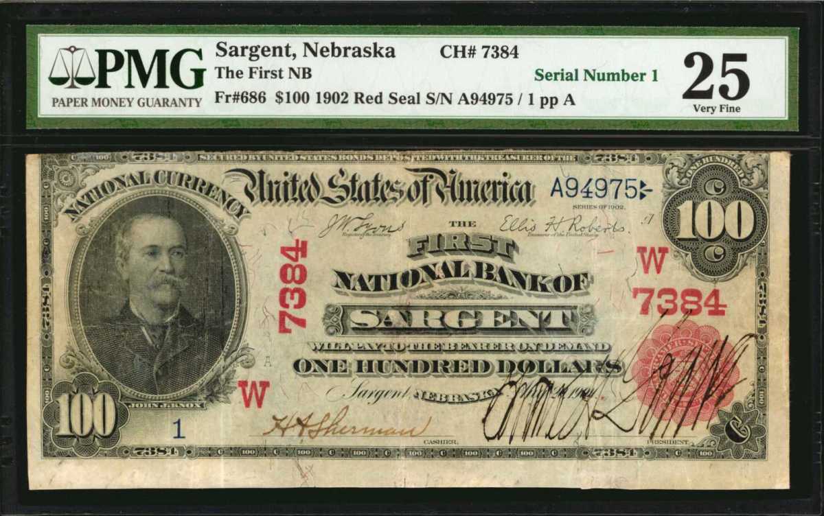 Realizing $78,000, this #1 Lancaster, OH $100 Red Seal from 1902, was issued by the First National Bank of Sargent.  The note was last seen in the 1970s and has been in the same collection ever since.  (Image courtesy of Stack’s Bowers)