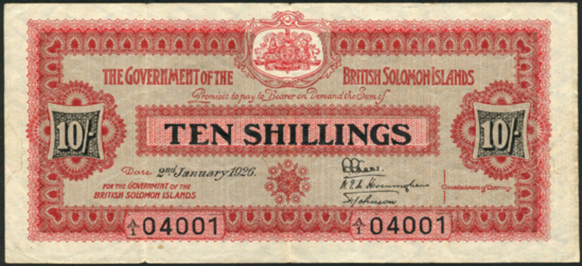 Star of the show: British Solomon Islands 10 shillings of Jan. 2, 1926, P-2, that realized $19,350 in good VF at Spink’s July sale.