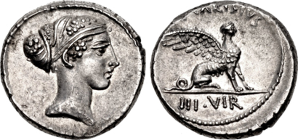  Silver denarius of Roman moneyer T. Carisius struck in 46 CE with a design that echoes a 350-300 BCE coin produced in the city of Gergis, near the site of Troy. In superb EF, it realized $5,700. (Images courtesy CNG)