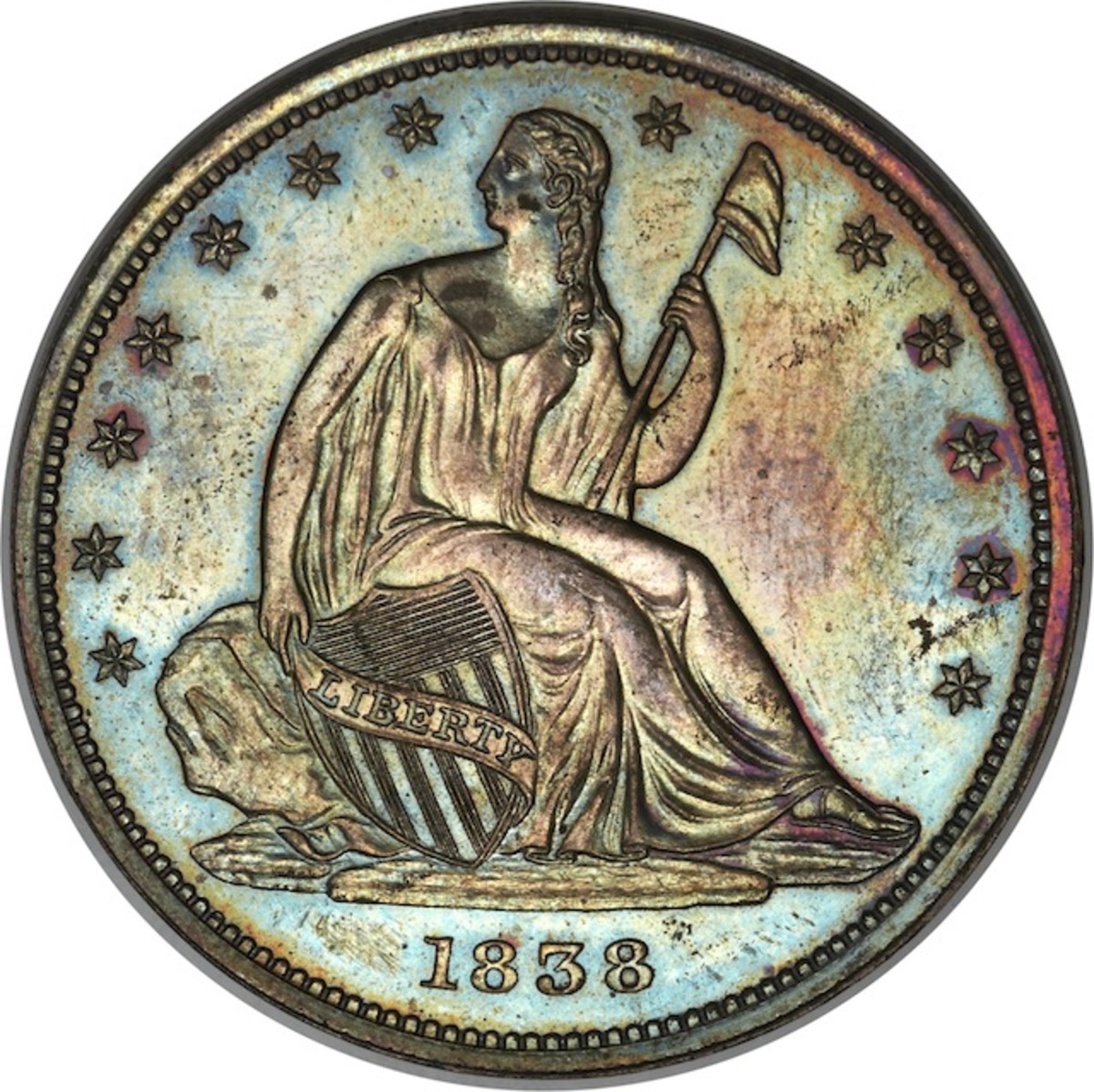 The Bass Collection 1838 plain edge Seated Liberty half dollar pattern in copper (Judd-77) will be offered without reserve by Heritage Auctions at the 2014 ANA World’s Fair of Money.  (Photo credit: Images from Heritage Auctions with permission from the Harry W. Bass Jr. Foundation.)