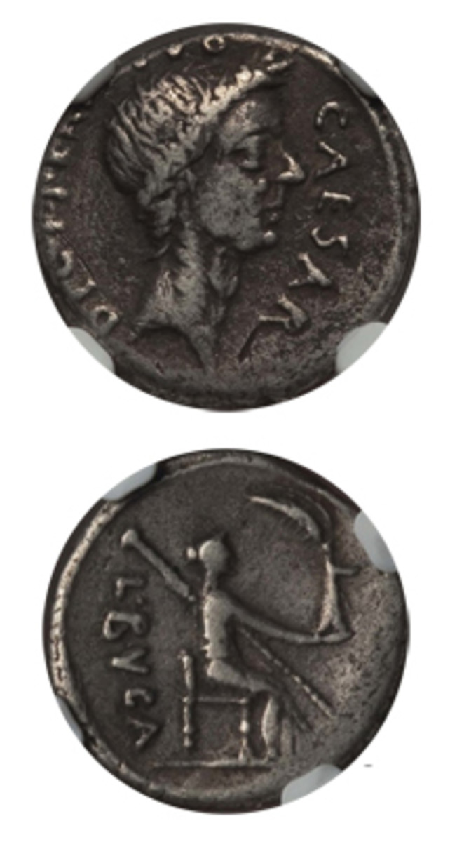  Silver denarius by L. Buca struck in Rome for Julius Caesar as “Dictator for Life” in 44 B.C.E. The obverse shows one of the rarest and realistic Caesar lifetime portraits; the reverse features the dictator’s patron goddess, Venus. It sold for $4,465 in Heritage Auctions’ June internet sale. (Images courtesy and © www.ha.com)