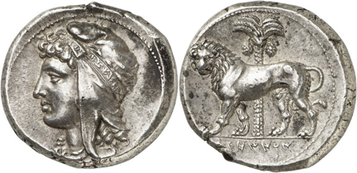 A Siculo-Punic issue of Sicily, tetradrachm, 320-310 B.C.E., mobile mint, extremely fine sold for 180,000 euros at the Künker sale.
