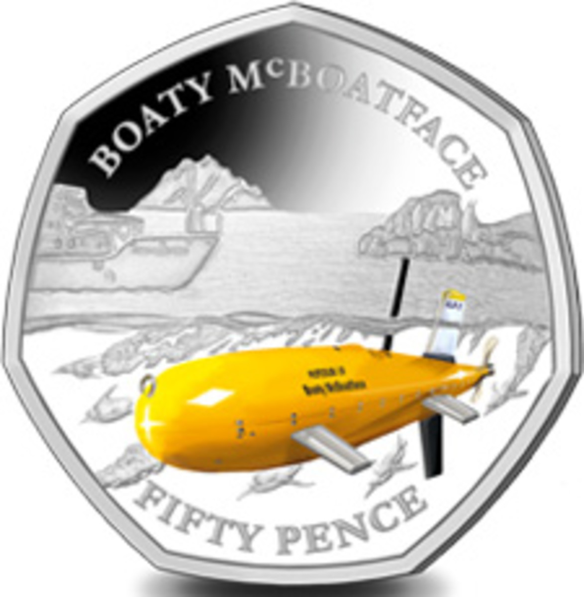  “Boaty McBoatface” has a penguin escort as it explores icebergs in Antarctic waters on the reverse of this first-ever BAT 50 pence. (Image courtesy Pobjoy Mint)
