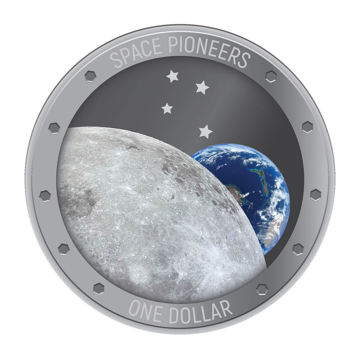 Reverse of silver New Zealand proof dollar celebrating pioneers of space. (Image courtesy New Zealand Post)