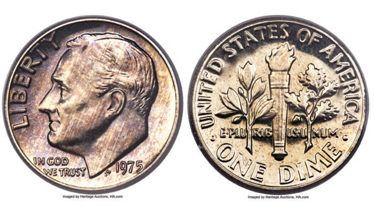  One of two examples known, this 1975 No S dime is virtually pristine with shades of cerulean-blue and pale jade toning. The coin is set to be auctioned on Sept. 6 in Long Beach, Calif. (Image courtesy of Heritage Auctions)