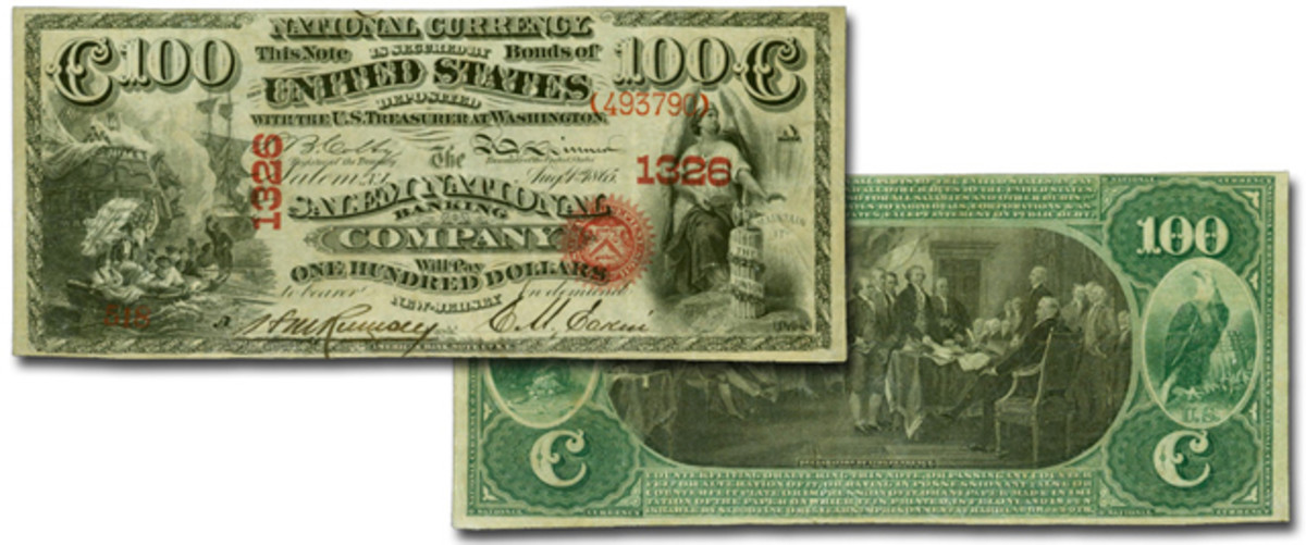 Sure to attract attention at auction is this newly discovered rarity. It’s an Original Series $100 from The Salem National Banking Co., Salem, N.J.