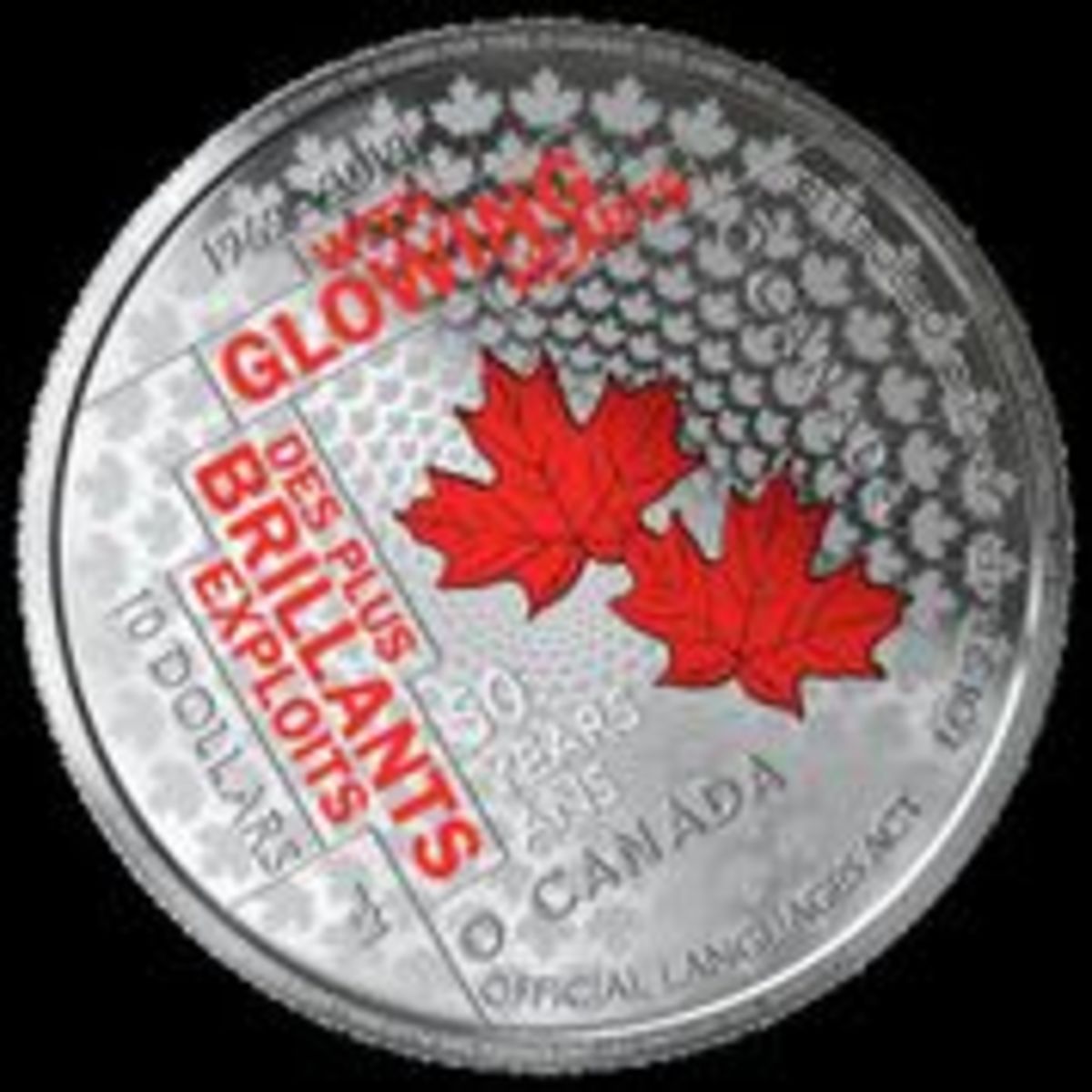  Designed by artist Joel Kimmel, the reverse of this coin dated 1969-2019 is accented by maple leaves and the familiar words “WITH GLOWING HEARTS”, “DES PLUS BRILLIANTS EXPLOITS”, all colored in bright red.
