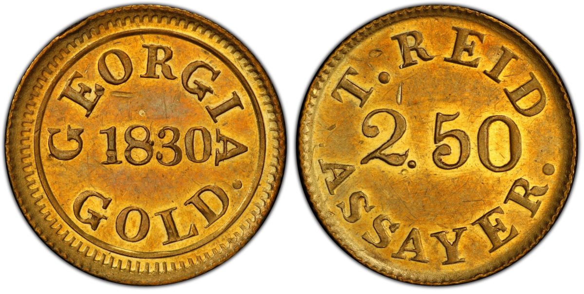 A rare Georgia gold rush-era Templeton Reid $2.50 denomination gold coin made in 1830 was sold at auction in Atlanta for a record price of $480,000 by Kagin’s, Inc. of Tiburon, California on February 27, 2020. The buyer is a Georgia-based collector who wants to remain anonymous, according to the auction house. (Photo courtesy of Professional Coin Grading Service www.PCGS.com)