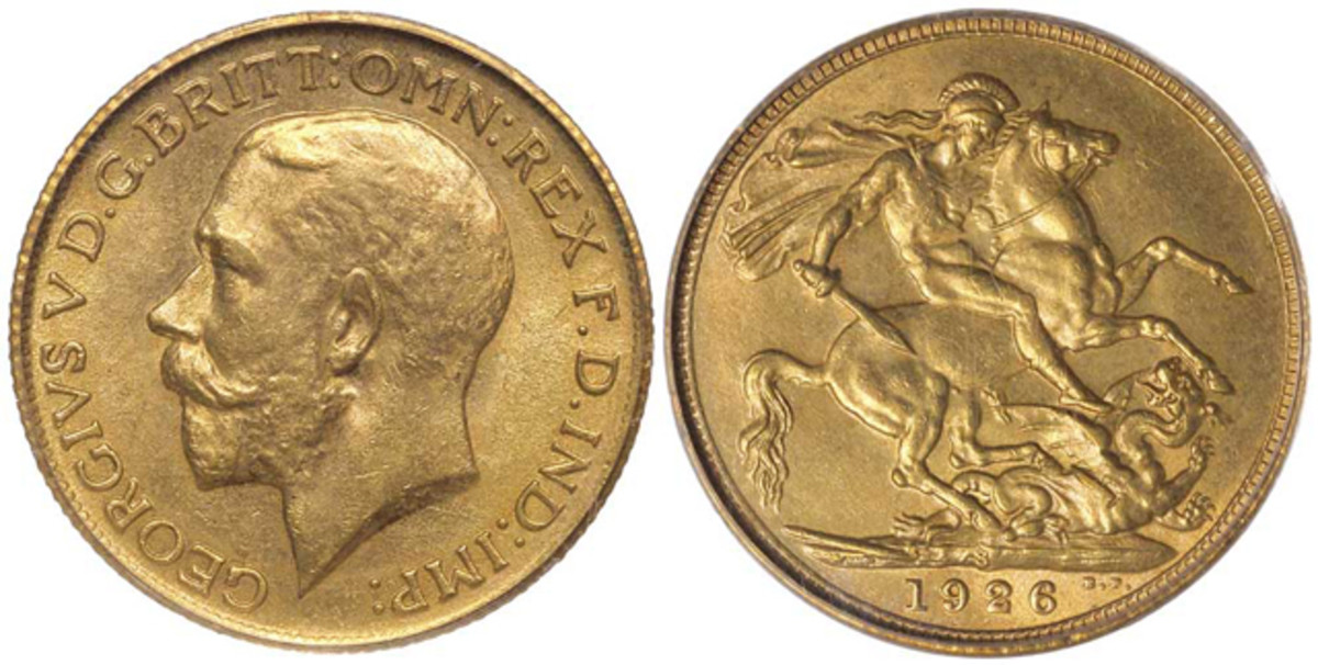 Obverse and reverse of the top-selling Australian sovereign. The very rare 1926S coin graded PCGS MS63 sold for $37,814. Images courtesy Noble Numismatics, Sydney.