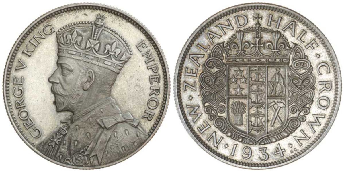 The proof halfcrown from the New Zealand 1934 set that took $21,608. This is believed the only such set in private hands. Images courtesy Noble Numismatics.