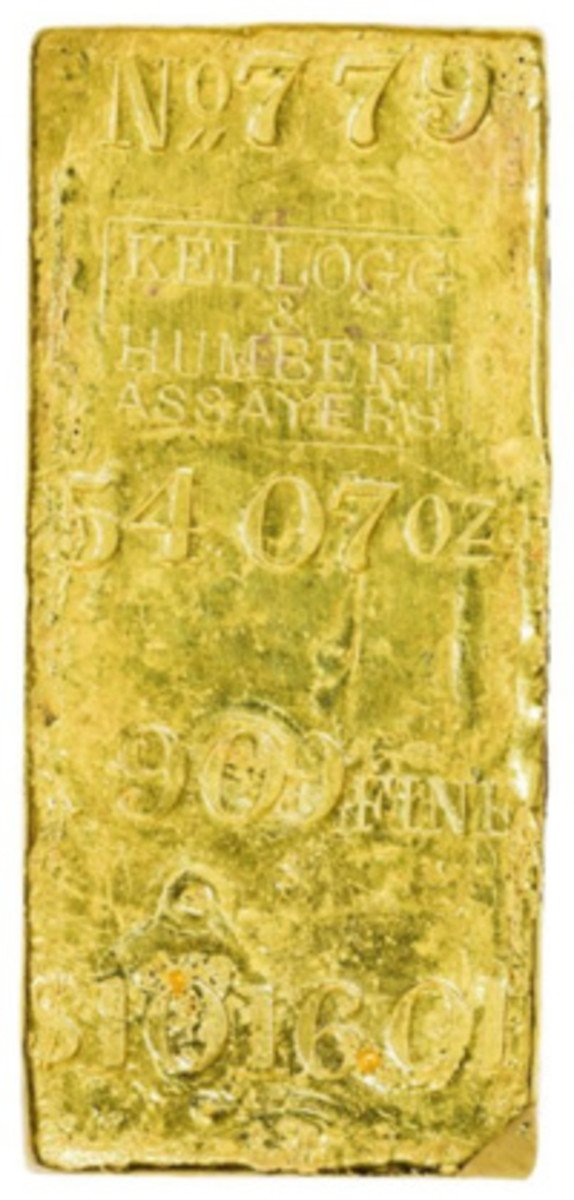  Among the dazzlers in Kagin's Sept. 15 sale is Lot 2213, a Kellogg & Humbert Assayers Gold Ingot weighing 54.07 oz. and having a .909 fineness.