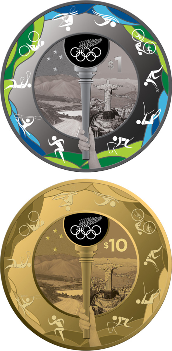 Silver $1 and gold $10 coins from New Zealand celebrate the Rio 2016 Olympic Games. (Images courtesy New Zealand Post.)