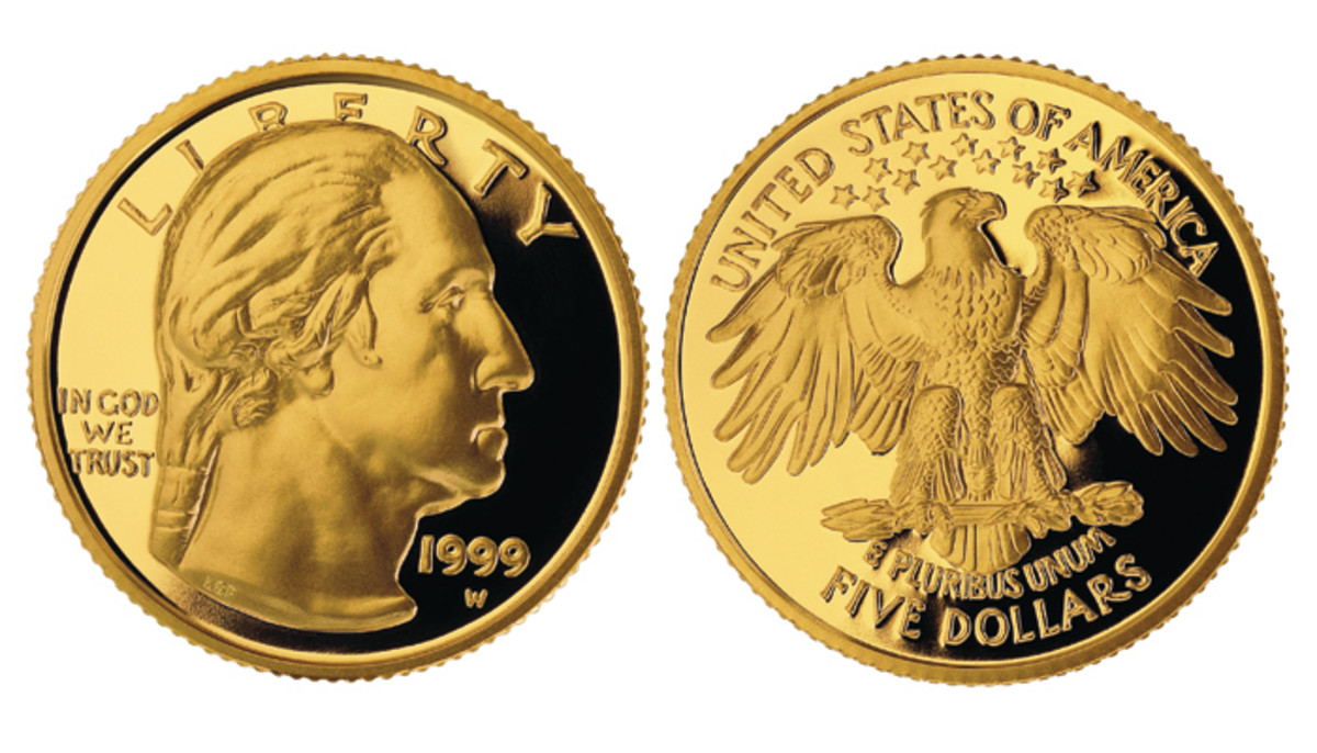 The gold 1999 George Washington commemorative $5. (Images courtesy United States Mint, usmint.gov.)