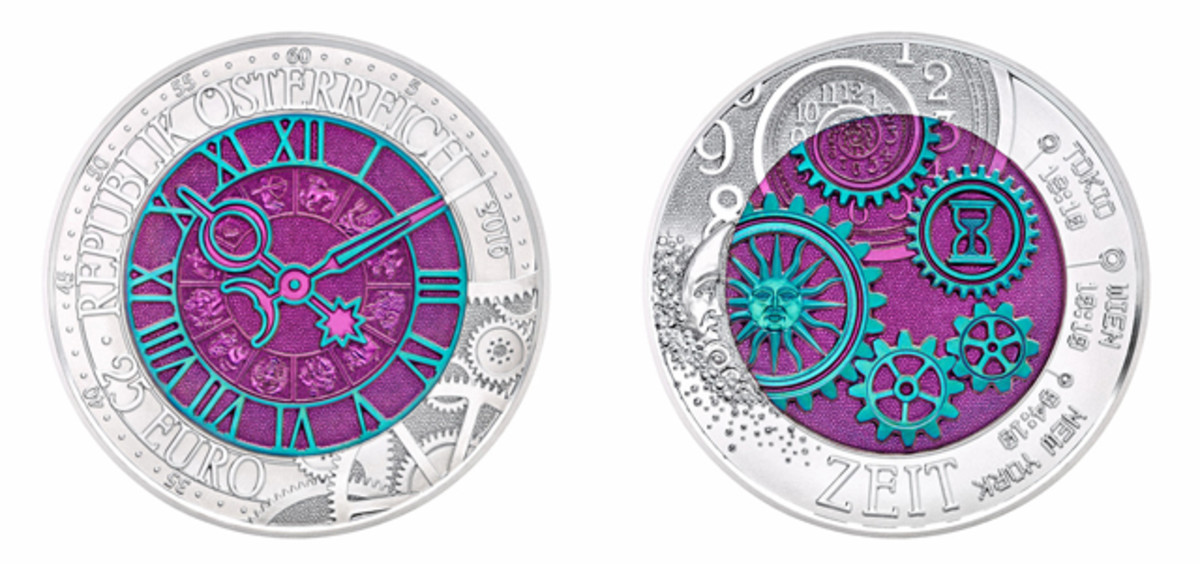 The Austrian Mint's 2016 Time bimetallic niobium-silver coin.