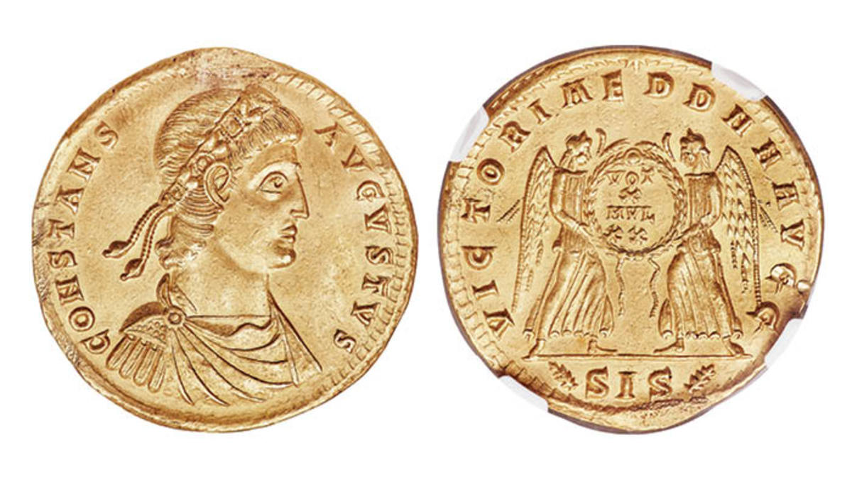 One for the Imperial Roman collector: the unpublished 4.5 solidi medallion of Constans (337-350 CE) minted in Siscia and companion piece to the Constantius II 4.5 solidi RIC VIII 128. It will be offered at Heritage Auctions’ Platinum Night® world coin sale at this year’s ANA World’s Fair of Money in Chicago. (Images courtesy Heritage Auctions.)