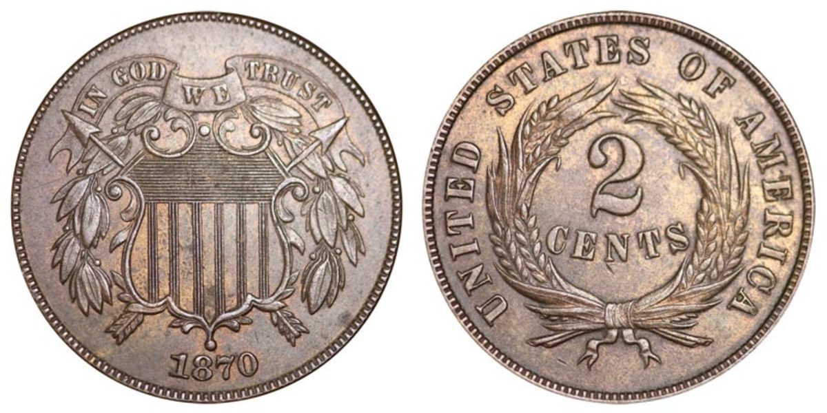 :  The 1870 two-cent piece, minted at Philadelphia, bears no mint mark.  861,250 of these coins were struck, which was the first time the two-cent piece mintage total fell below one million. (Image courtesy of usacoinbook.com)
