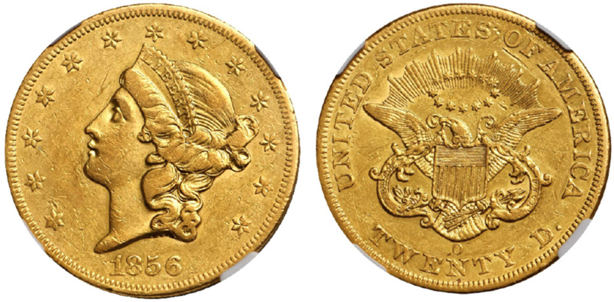 A New Orleans 1856-O double eagle graded AU-53 by NGC crossed the block at $264,000. (Images courtesy Stack's Bowers.)