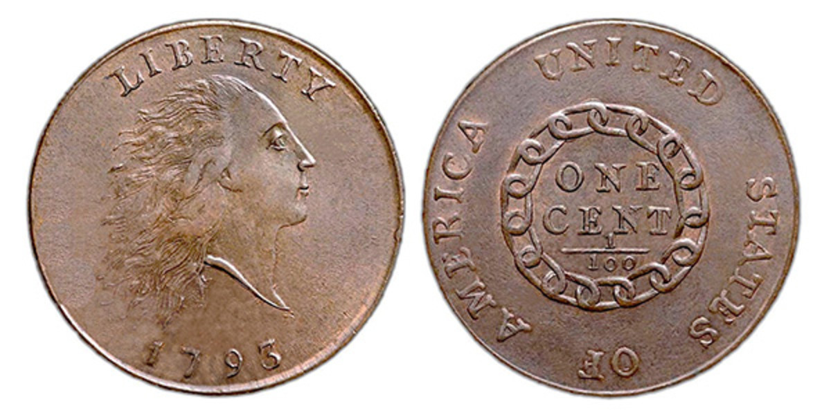 Liberty depicted on the obverse of a 1795 copper “chain” cent. (Images courtesy U.S. Mint.)
