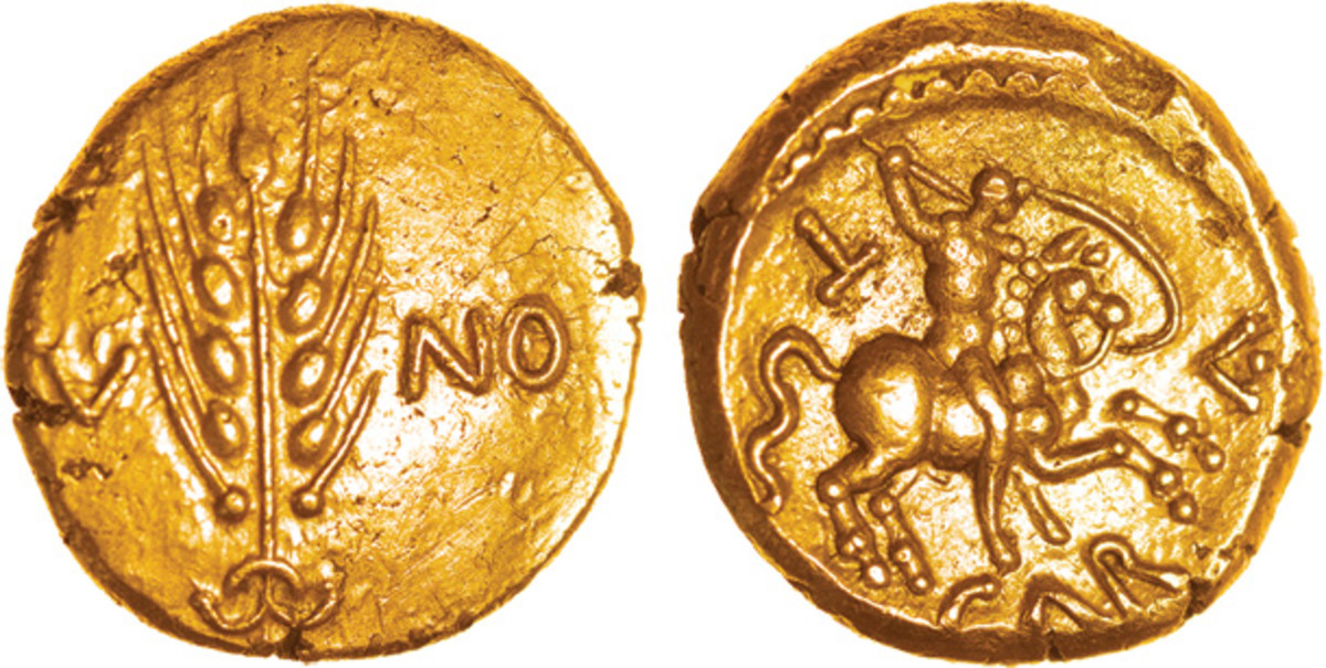 Caratacus gold stater sold by Chris Rudd for £88,000, a world record price.