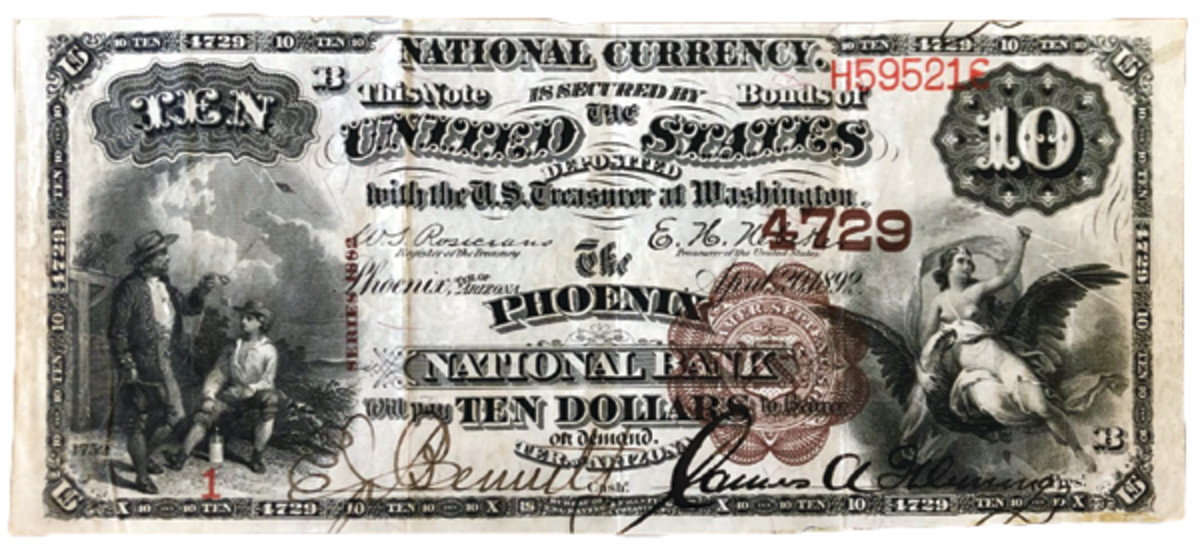 Andrew's number 1 note from the first sheet sent to The Phoenix National Bank, a delivery posted from the Comptroller of the Currency's office on June 2, 1892. The signers are James A. Fleming, president, and E.J. Bennitt, cashier.