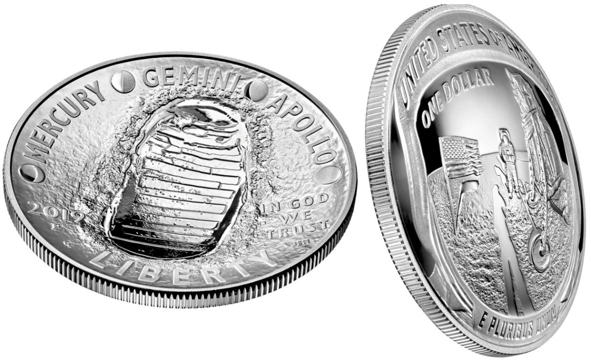 The Apollo 11 50th Anniversary 5-ounce proof silver dollar is the first United States coin of this size and weigh with a proof finish, reeded edge and curved shape. The concave obverse and convex reverse enhance the aesthetic of the design.