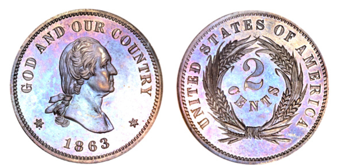 1863 pattern two cents portrait of Washington (Images courtesy of Heritage Auctions www.ha.com)