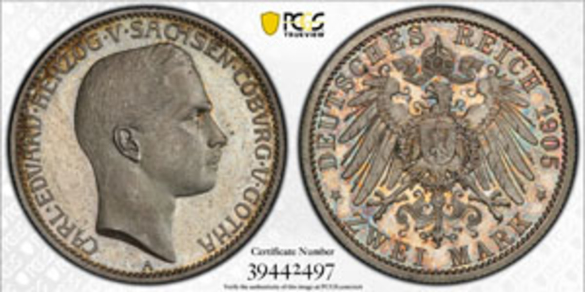 The twentieth century German States can be a surprisingly challenging area for collectors. This 1905 2 mark of Saxe-Coburg-Gotha in PCGS Proof 65 and with nice eye appeal realized a total of $1,920 with fees and was a great find for its new owner.