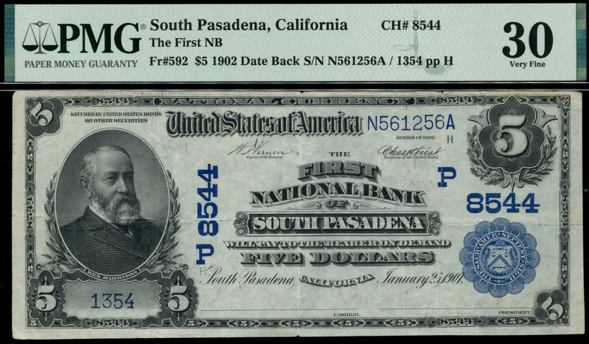 $5 First National Bank of Pasadena note.