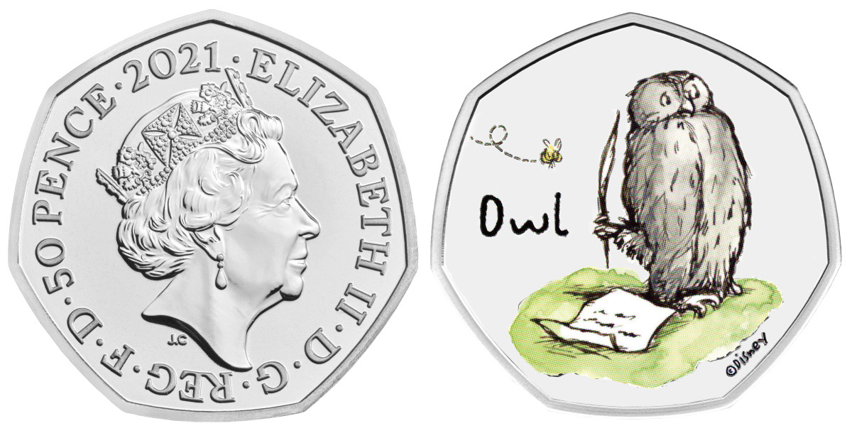 Most appealing, the copper-nickel colored version of the Owl 50 pence really highlights this special Winnie the Pooh characters personality.