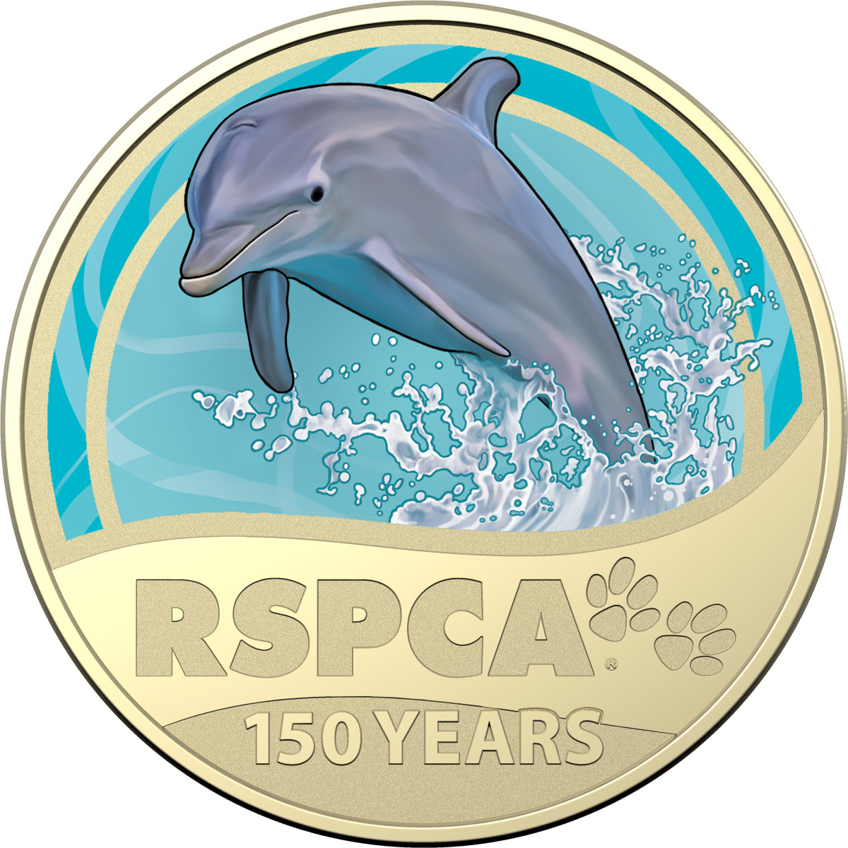 The dolphin coin sports a beautiful design with the dolphin breaching the surface to say hello, with the water coming up around the tail, a show of the dolphin's beauty and grace.