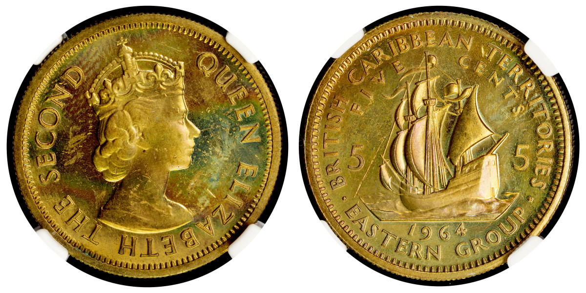 Collecting Proof of Record issues can be a great way to acquire outstanding examples of common circulating types. This Proof 63 British Caribbean Territories 5 cent from 1964 is estimated right around $100.