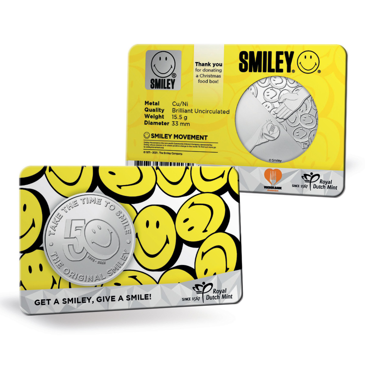 Using their traditional coin card packaging to its utmost advantage, the Royal Dutch Mint has provided the Smiley Movement with a very strong face on charitable giving with their 50th Anniversary Original Smiley coin release.