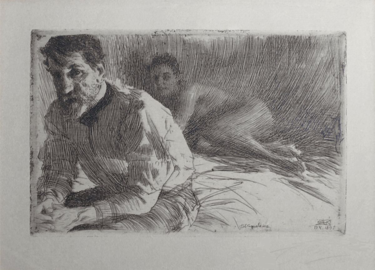 Swedish artist Anders Zorn’s etching of Augustus Saint-Gaudens with his model for 'Victory,' Hettie Anderson, in the background. (Image courtesy Willow Hagans.)