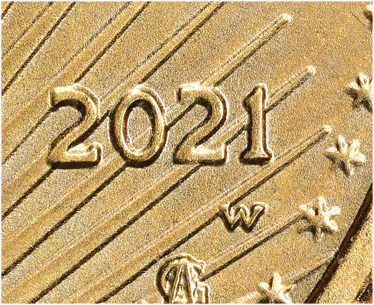 A close-up look at the West Point mintmark on one of the regular-issue Type 2 Reverse 1/4-ounce gold American Eagle bullion coins mistakenly struck with an obverse proof die. (Image courtesy GreatCollections Coin Auctions.)