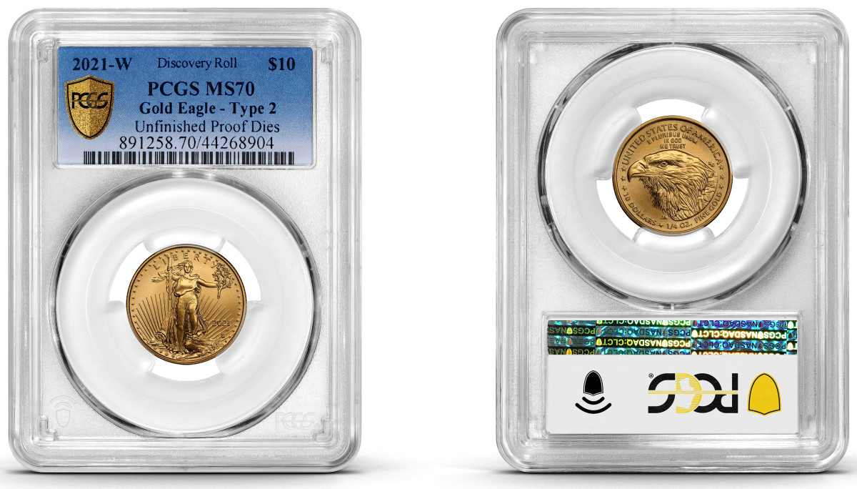 Now PCGS-certified, this is one of the regular-issue Type 2 Reverse 1/4-ounce gold American Eagle bullion coins mistakenly struck with an obverse proof die and found in the discovery roll by Gerald Medel of Lakeside Coins in California. (Image courtesy Professional Coin Grading Service.)