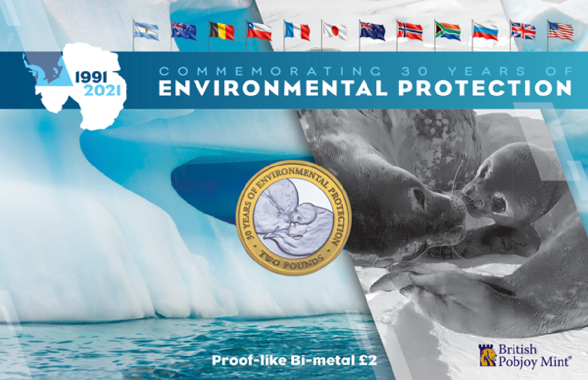 This British Antarctic Territory bi-metallic two pound celebrates twelve countries protecting one continent for 30 years through the Antarctic Treaty.