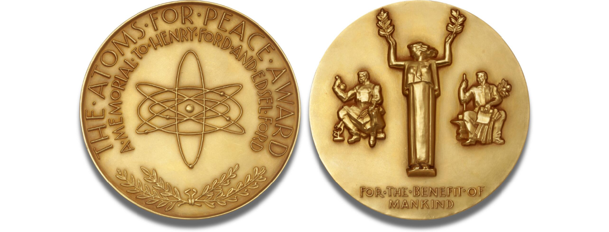 This is the first Atoms for Peace gold medal awarded by the Ford Foundation in 1957 to Niels Bohr, for his work in atomic structure. The Atoms for Peace awards was given out only ten times, from 1957 to 1969.