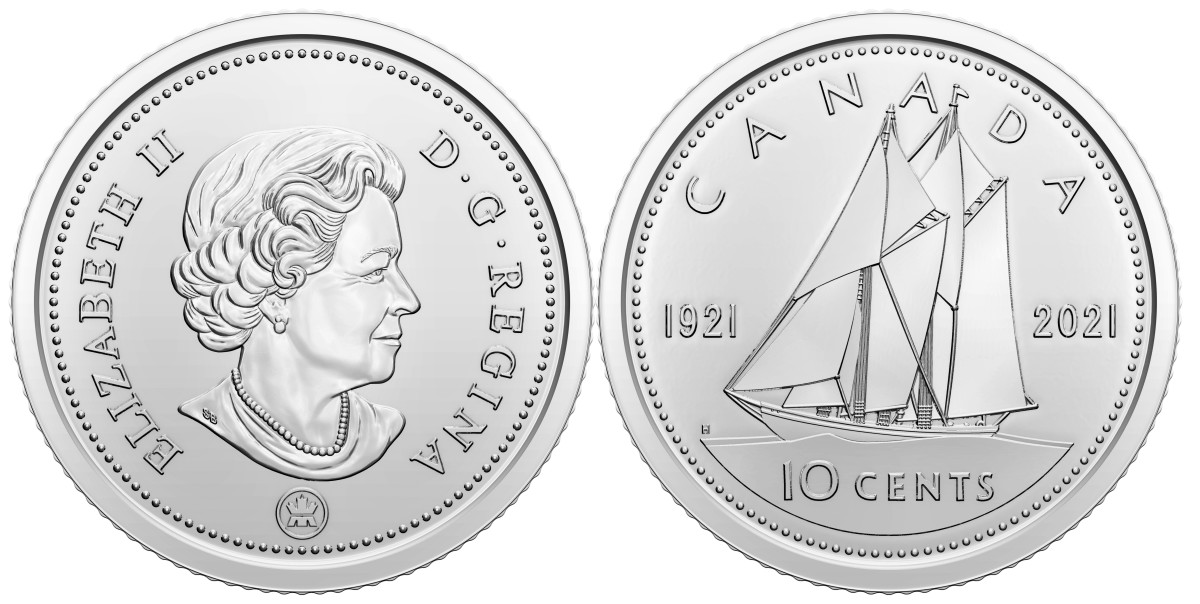 The reworking of the classic Bluenose 10-cent design to include 100th Anniversary dates 1921-2021, is coupled with the common obverse used for all three versions of the 10-cent Bluenose coins issued for this year’s celebration.