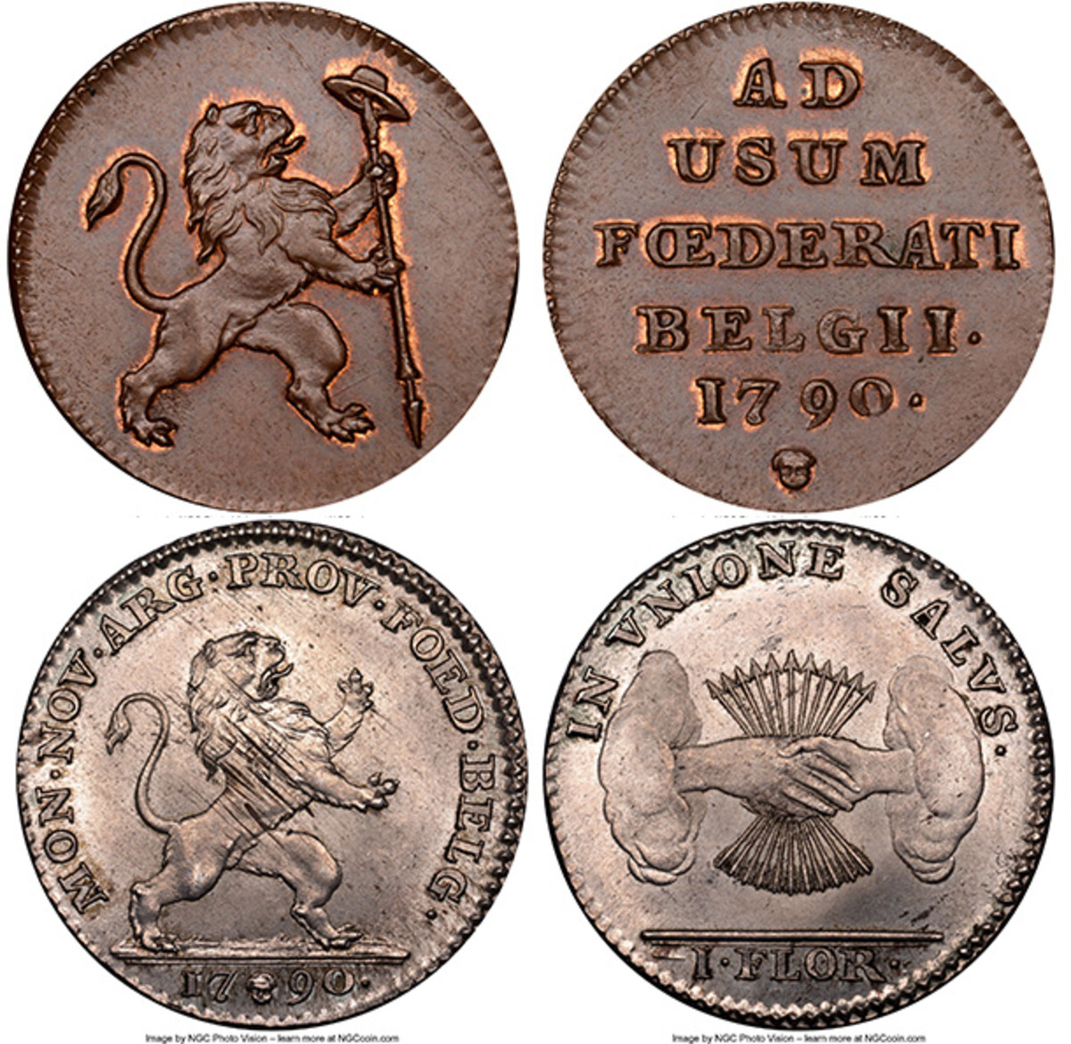 While there are plenty of Netherlands based coins in the Kansas Collection, as well as many coins of Belgium, these two handsome pieces present a melding of the two. Begun as the Austrian Netherlands in 1713, the territory from which these coins arose passed from Spain to Austria to France to the Kingdom of the Netherlands during the 18th and 19th centuries before becoming Belgium in 1830. The Brabant Revolution of 1789-1790 against Hapsburg rule produced eight insurrection types, including these two beautiful examples in such remarkable states of preservation.