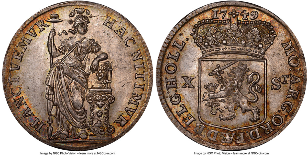 The Kansas Collections offers a good selection of coins of the Netherlands both provinces and united. The coin which caught and held my interest in this section was a remarkably sharply struck 10 Stuivers of 1749 from Holland graded MS65+ by NGC. What a wonderful example of this three year type and it’s only bid to $310 with just five days until closing.