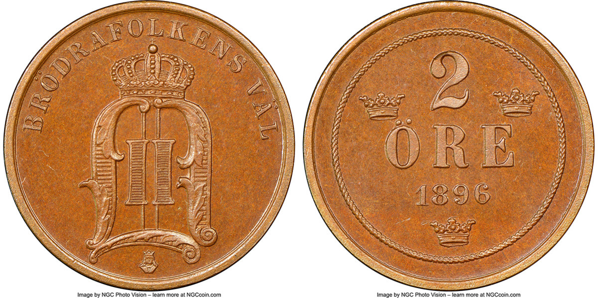 The Swedish coins of the Kansas Collection offer examples of many types in the mid-MS grades. Most of these 19th and 20th century circulation types had long date runs, the coins really circulated well and finding them at this state of preservation is quite difficult. In the mix I noticed this 1896 2 öre graded PR65 by NGC. This is the KM746 which had issues from 1877 to 1905, crossing the century mark. However, among all of these dates and through most of the small circulation coins in this era of Swedish coinage, I don’t recall seeing any proof strikes. This coin is a beauty.