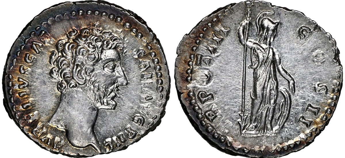 A silver denarius of Marcus Aurelius as Caesar (AD161-180) grading NGC AU 5/5-4/5 is bid at only $330 with just six days until closing.