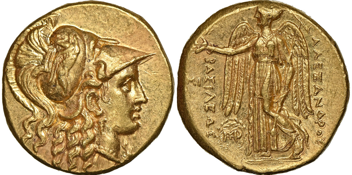 From the Kingdom of Macedonia under Alexander III, the Great a gold stater featuring Athena in Corinthian helmet and Nike advancing with wreath and stylis. Currently bid at $5,250, this NGC graded MS 4/5-5/5 has caught everyone’s attention.