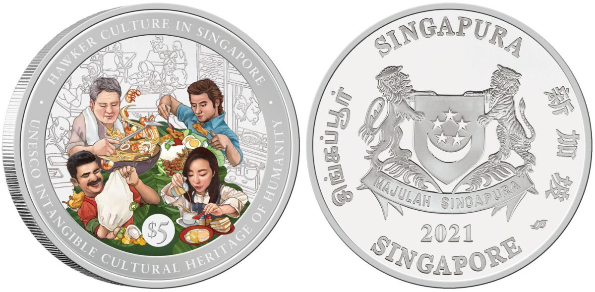 The joys of Hawker Culture as pictured on the new $5 silver proof coin from the Monetary Authority of Singapore, designed and struck by the venerable Singapore Mint.