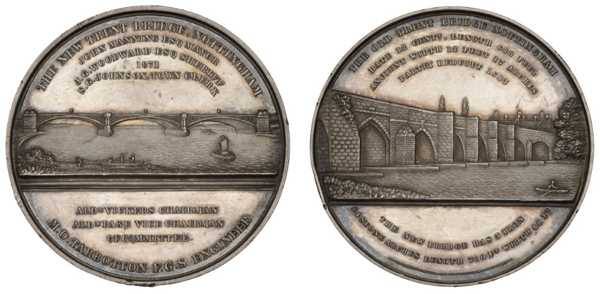 The old and the new are on display with this medal honoring the completion of the New Trent Bridge in Nottingham in 1871. The New Trent Bridge with its arching spans is on the left and the brick structure of the Old Trent Bridge is on the right. This historic piece carries an estimate range of just $120-$160.