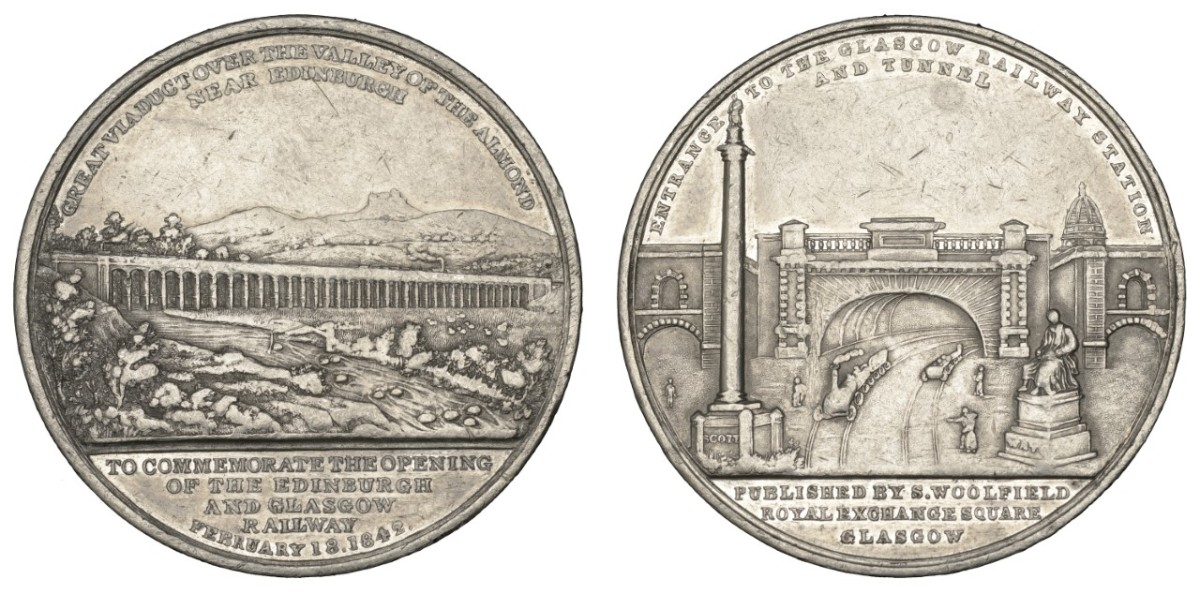 This piece pictures scenes from the opening of the Edinburgh and Glasgow Railway in 1842. On left is the Great Viaduct over the Valley of the River Almond, while on the right is the entrance to the Glasgow station. This medal carries a very reasonable estimate of $80-$110.