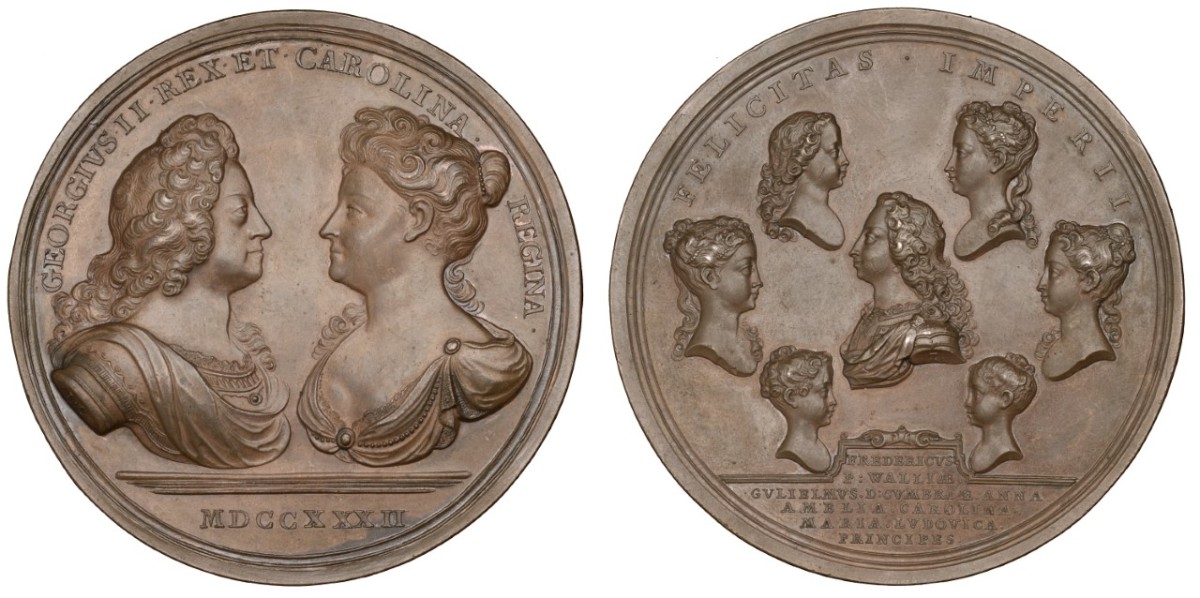 One of the more expensive medals in the Claremont Collection features the Royal Family of George II and Carolina. This copper medal is 69mm to accommodate all seven Royal children. Its estimate ranges from $535 to $675.