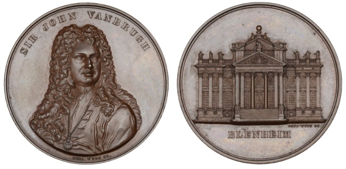 Sir John Vanbrugh in three-quarter facing portrait by B. Wyon on an 1855 copper medal for the Art Union of London displaying Blenheim Palace. Vanbrugh was the architect of the palace and was well known for his innovative garden designs. For this medal, an estimated range of $135-$160 should allow for much active bidding.