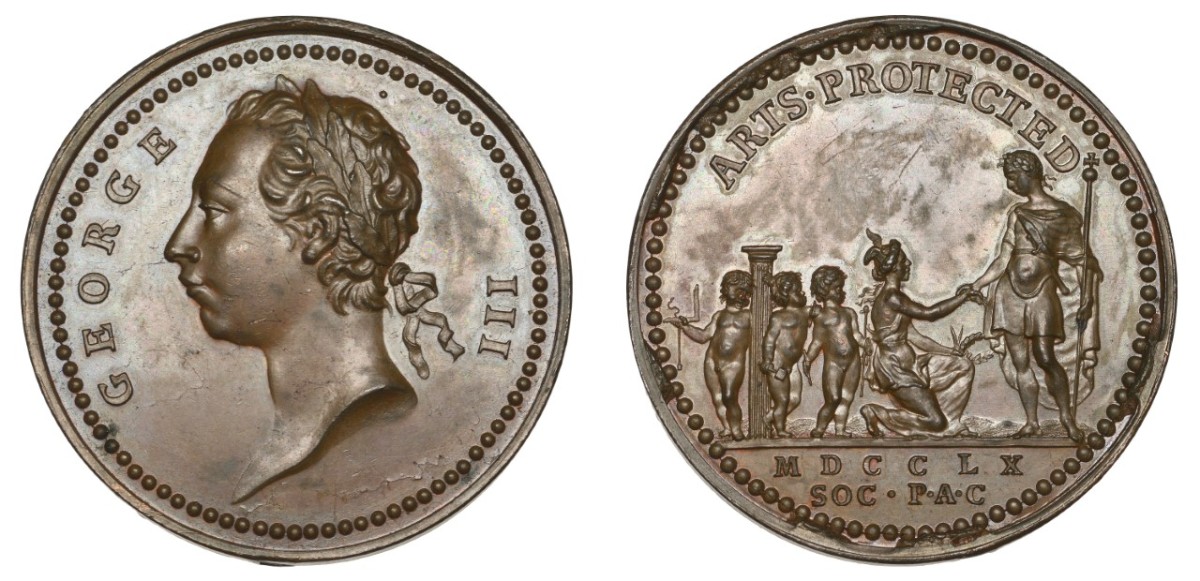 A big proponent of the arts, George III gave large grants from his personal funds to the Royal Academy of the Arts from the beginning of his reign. This 1760 Arts Protected medal is a testament to that patronage. An unsigned work of J. Pingo, this copper example is in great shape and estimated in a range from $160-$200.