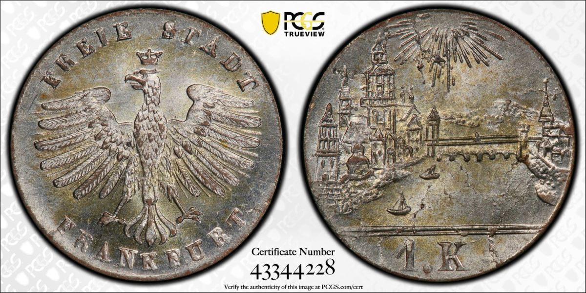 A fantastic example of the scarce 1 Kreuzer issued from the Free City of Frankfurt AM Main ca. 1839-1840. Graded MS66 by PCGS, this little city view really dazzles.